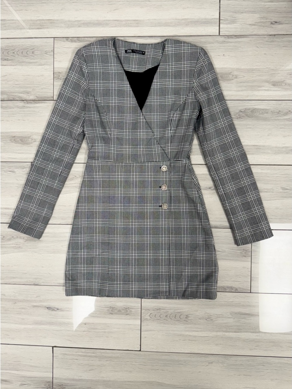 Zara Gray Plaid Wrap-Effect Long Sleeve Mini Dress